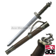 ORIENTAL SWORD 17" OVERALL 11" 440 STAINLESS STEEL BLADE, LASERED ON ZODIAC CHARACTER CHINESE ZODIAC SHORT SWORD, YEAR OF SNAKE 4.25" BROWN WOOD HANDLE METAL GUARD