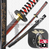 SAMURAI SWORD 41" OVERALL 27.5" TWO TONED (RED/BLACK) CARBON STEEL BLADE 12" WHITE BLACK RED HANDLE INCLUDES BLACK LACQUER SCABBARD CARVED BUDDHIST LITERATURE