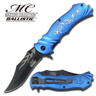 SPRING ASST. FANTASY FOLDING KNIFE 4.5" CLOSED 3.5" BLACK STNAILESS STEEL BLADE SILVER FLAME PATTERN ON BLADE BLUE ALUMINUM HANDLE LASERED SILVER CD DRAGON ON FRON HANDLE WITH POCKET CLIP