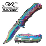 SPRING ASST. FANTASY FOLDING KNIFE 4.5" CLOSED 3.5" STNAILESS STEEL WITH RAINBOW TITANINUM COATING SILVER FLAME PATTERN ON BLADE 3.5" STNAILESS STEEL WITH RAINBOW TITANINUM COATING LASERED SILVER CD DRAGON ON FRON HANDLE WITH POCKET CLIP