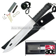 SURVIVAL KNIFE 15" OVERALL THICK STAINLESS STEEL SILVER BLADE WITH REVERSE SERRATIONS SOLID METAL GUARD AND HANDLE WITH TEXTURE RUBBER OVERLAY INCLUDES SURVIVAL KIT AND SHEATH, WITH SHARPENING STONE