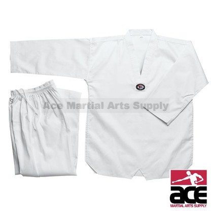This Student Taekwondo Uniform is very popular among practitioners of Taekwondo. It is made with a poly cotton fabric for maximum comfort and mobility, never restricting your motion. The pants feature an elastic waistband and drawstring for comfort and easy adjustment. This uniform is lightweight but durable enough for the most intense training and competition. Your order includes a jacket, pair of pants, and white belt.