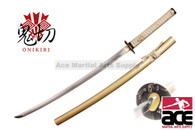 40" Total length. Sharpened carbon Steel blade. Wood core handle with real rayskin. Iron guard w/ Samurai design. Wood scabbard with gold finish.