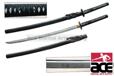 Set includes 3 swords: Katana, Wakazashi, and Tanto. High carbon steel blades.  Wood core handles with rayskin. Oxidized steel guards with wheel design. Sharp.