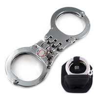 Professional Heavy Duty Silver Hinged Police Style Handcuffs Double Lock with Duty Handcuff Nylon Case Holster