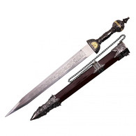 24" Roman Gladius sword. Sharpened stainless steel blade w/ decorative, classic roman handle and spherical pommel.  Acid etching design and a wood-patterned scabbard.