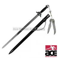 Stainless steel with mirror finish. Unsharpened edges. Black matte finish. The sword drag is also mirror polished steel. The sword pommel features an elegant arch design, capstan rivet, and white nylon tassel.