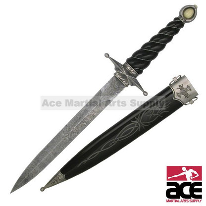 Replica Knight's dagger. 16.25" in length. Damascus etched blade. Steel wire wrapped handle. Includes black scabbard.