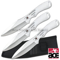 3pc Silver Stainless Steel Throwing Knives with Spider Graphic - 8" Overall