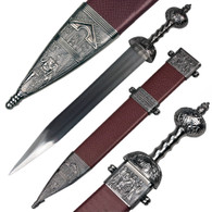 Replica Roman Gladius. Stainless steel blade and decorative Roman imagery. Wood scabbard with an imitation leather cover.