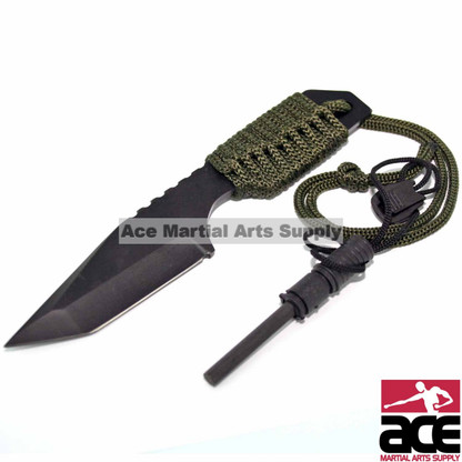 Black stainless steel blade w/ sawteeth on back. Corded grip along full tang blade . Under 1 lb, Includes a flint for easily starting campfires.