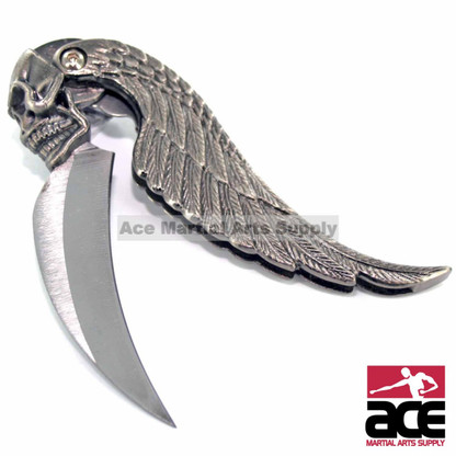 440 Stainless steel blade with wing and skull design. Sharp. Features a line-locking system that locks your blade when fully opened.