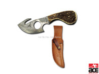 Damascus Deer Horn Skinner Knife Stag USA Leather Sheath Wood Box Carbon Steel