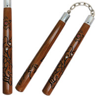 12" Lacquered Wood Nunchaku with Carved Dragon Design