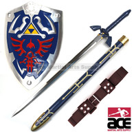 36" stainless steel Master Sword, a fiberglass resin and rubber-constructed Hylian shield (25" x 19"), and genuine leather belt (51") custom fit to hold Link's Master Sword.