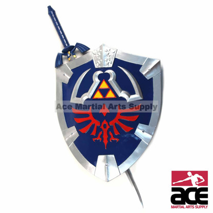 Replica Zelda Hylian shield and sword set combo. Stainless steel sword with resin shield. Removable sword scabbard. Arm strap, handle, and wall chain on shield.