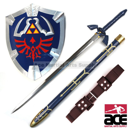Replica Master Sword w/ belt and Hylian Shield combo. Includes Link's 36" stainless steel Master Sword, fiberglass and rubber constructed Hylian shield (20" x 17"), and genuine leather belt (51") custom fit to hold your Master Sword.