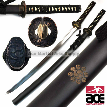 Full tang Tomoe Katana, Polished carbon steel . Sharpened . Imitation ray skin handle and black cotton cord. 38.5" in length.