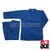 Blue student karate uniform. Breathable polycotton fabric. Includes jacket, pants, and belt.