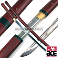 High quality carbon steel blade. Decorative hamon and bo-hi. Matching wood scabbard and handle with dark red finish. 38.75" in length.