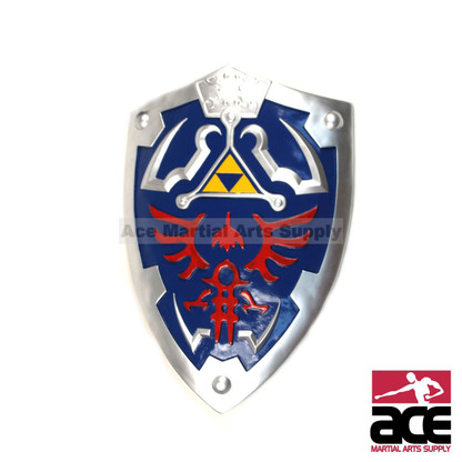 25" x 19". Full size, Hylian shieled replica from Zelda. Resin construction w/ arm strap and handle on reverse side. Includes a chain for wall mounting.  Great for collecting, display, and cosplay.