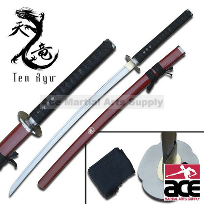 Hand forged. 41" total length. Sharpened carbon steel. Wood scabbard with red finish. Includes black sword bag.