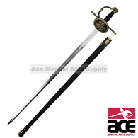Don Quixote themed Rapier. 41" Total length. 440 Stainless steel blade. Black metal handle with gold trim. Scabbard is covered in black leather
