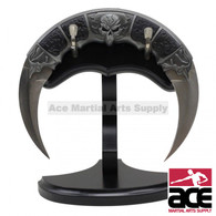 7" Double Bladed Round Skull Knife With Wooden Display Stand