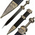 Replica Roman Gladius sword. Sharp 440 stainless steel blade with mirror finish. Wood core scabbard with imitation leather covering. Steel decorative guard and pommel with Roman designs. 31" Total length