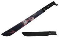 22" Top Serrated Zombie Pictured Blade Machete With Black Handle And Nylon Sheath