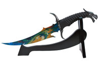 13" Dragon Dagger With Dragon Mural On Blade With Wooden Display Stand