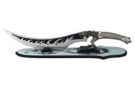 10" Dragon Handled Dagger With Flames On Blade And Wooden Display Stand