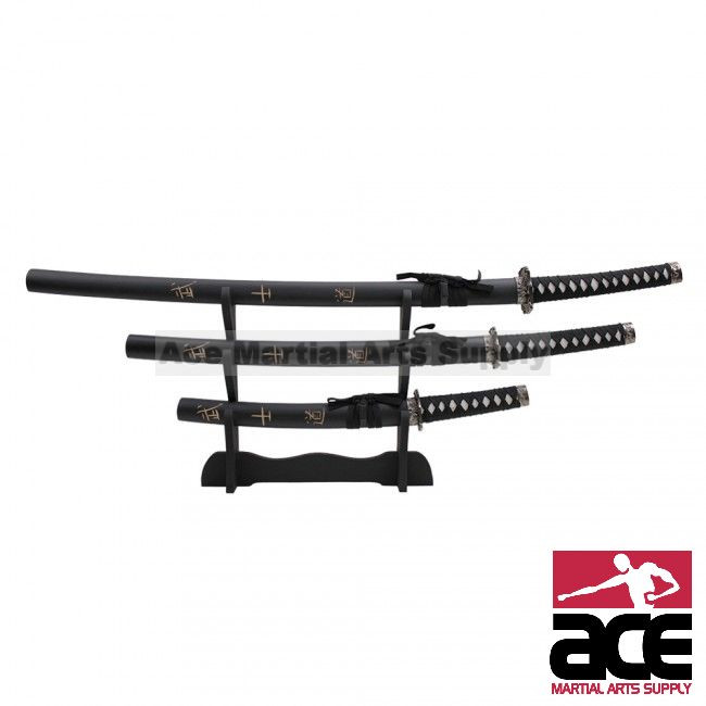 3-Tier Black Wooden Samurai Sword Display Table Stand with“Bushido” Kanji 
