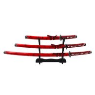 Three Piece Samurai Sword Set With Wooden Display Stand (Glossy Red/Black)