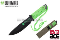 Biohazard Zombie 11" Survival Fixed Blade Knife Green Cord Wrapped