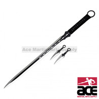 27" Ninja Sword With Black Wrapped Handle And Two Toned Black With Two Throwing Knives