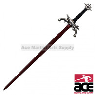 51.5" Crossed Pistol Handle Sword With Blood Red Blade and Wooden Display Base