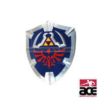 20" x 17". Made from Rubber and fiberglass. Replica Hylian shield from Zelda. Features an arm strap and handle on reverse side. Includes hanging chain for wall display.