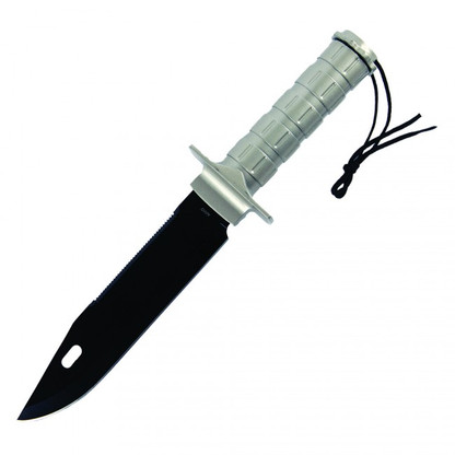 15" in length. Includes leather sheath. Features survival kit and compass inside hollow handle . Survival kit includes: matches, fishing line and hook, needle and threat, and flint fire starter. Partial serration on backside