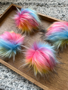Kaleidoscopic 5" faux fur pom pom with yarn ties and stabilizing button attachment