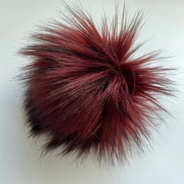 Merlot Purple 5" faux fur pom pom with yarn ties and stabilizing button attachment