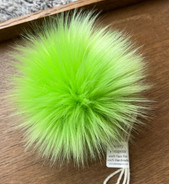 Lime 5" faux fur pom pom with yarn ties and stabilizing button attachment