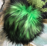 Boogie 5" faux fur pom pom with yarn ties and stabilizing button attachment