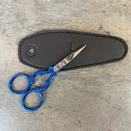Victorian Scissor with Blue Handle - 3.5", includes protective leather sheath