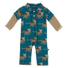 Kickee Pants Long Sleeve Double Layer Polo Romper, Heritage Blue Kosmoceratops