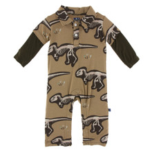 Kickee Pants Long Sleeve Double Layer Polo Romper, Tannin T-Rex Dig - Size 12-18 Months