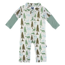 Kickee Pants Long Sleeve Double Layer Polo Romper, Natural Woodland Holiday - Size 12-18 Months