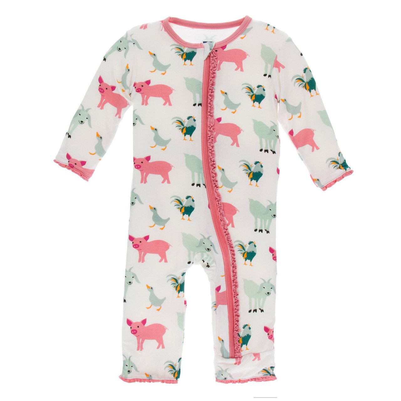 Kickee Pants Muffin Ruffle Footie with Zipper - Strawberry Forest Rabbit