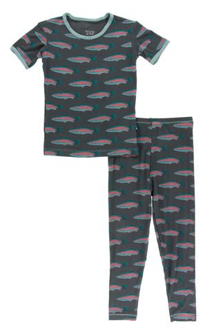 Kickee Pants Short Sleeve Pajama Set Stone Rainbow Trout Size 6