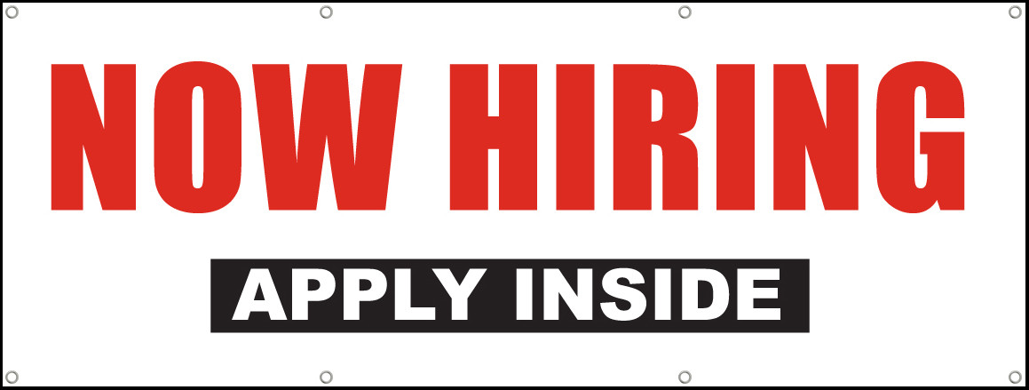 Now Hiring Apply Inside Sign Banner White Background with Bold Red Now  Hiring Lettering and Black Background with Apply Inside White Lettering
